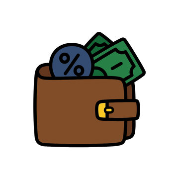 Brown wallet with green cash and percentage icon