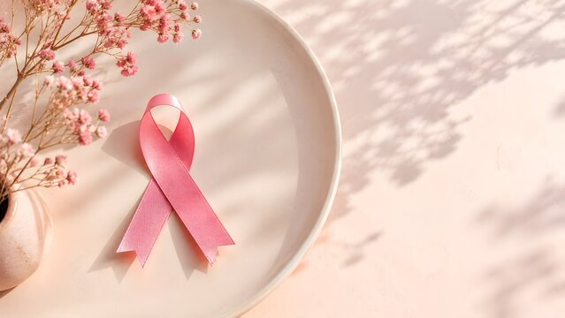 Pink breast cancer awareness ribbon on ceramic plate, feminine health concept with dried flowers, elegant medical symbol for oncology support