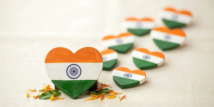 Heart shaped Indian flags symbolize love for country celebration of independence day august 15th arranged on fabric surface indoors.