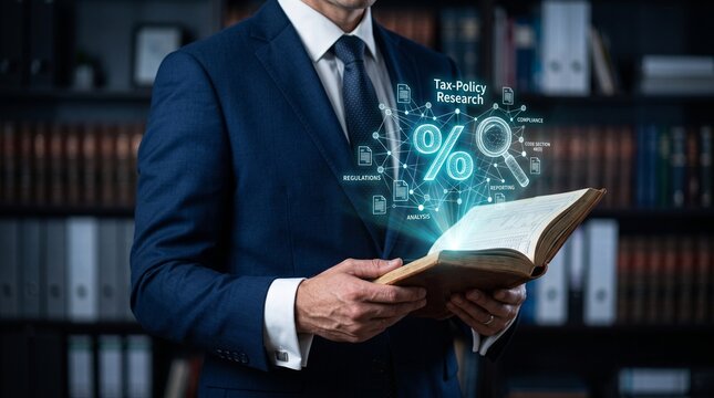 Businessman holding a ledger with digital data. Financial expert analyzing market trends.