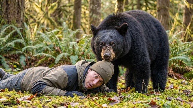 Man playing dead while a black bear sniffs his head in forest