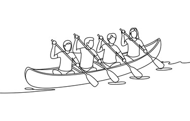Continuous single line drawing of people rowing a canoe boat together as a team in water © Kanu Art_Gallery