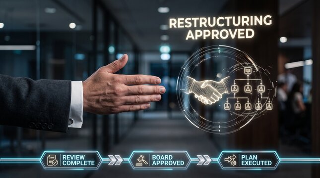 Business handshake with digital hologram. Corporate restructuring approved by management.