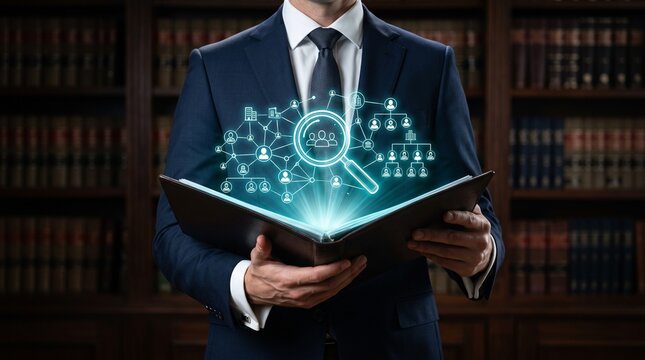 Businessman holding a book with digital data. Executive analyzing corporate information.