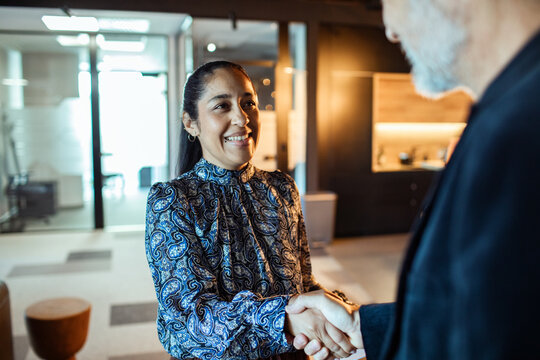 Smiling businesswoman shaking hands with colleague in modern office