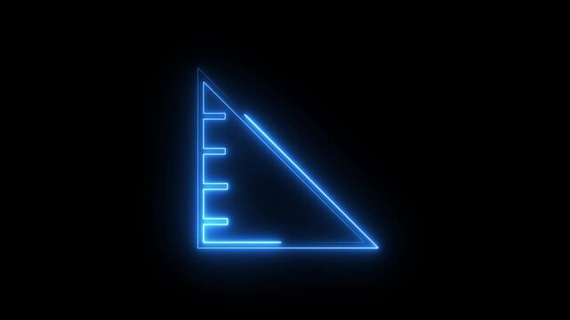 Neon triangular ruler animation glowing blue icon on black background with light movement.