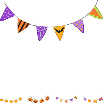 Group of vector celebration garlands and pennant strings with spooky symbols, including jack o' lanterns, bats, and spider webs, arranging for a fun autumn festival