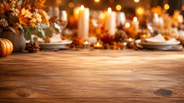 Rustic wooden table background for Thanksgiving, festive autumn dinner setting with candles and pumpkins, blurred fall holiday banquet scene
