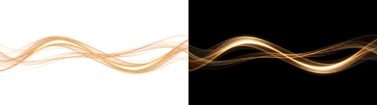 Ribbon of gold light weaving in a smooth crossing wave with silky glowing strands for luxury design PNG, Transparent and Black Background Versions