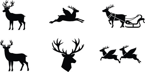 Group of flying and standing reindeer silhouettes with sleigh for christmas celebration. © jim's Cafe