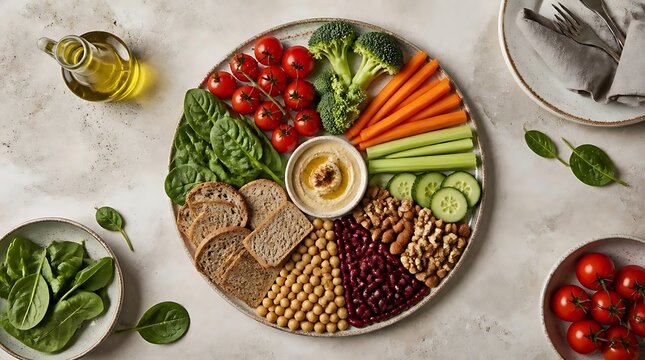 Healthy vibrant vegetable platter with hummus and bread slices.