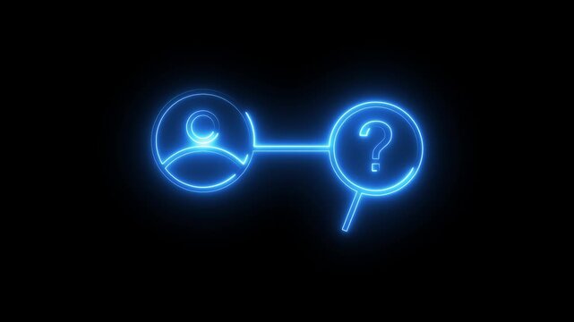 Neon glowing line icon animation of user profile search with question mark on black background.