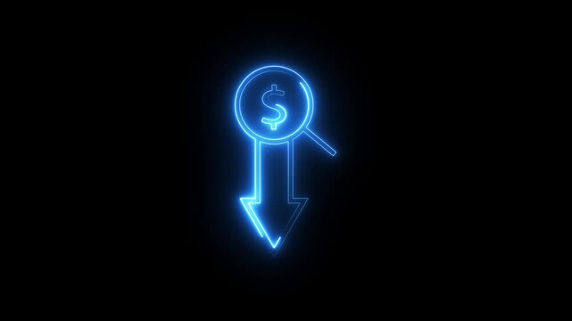 Neon glowing dollar sign with down arrow animation showing financial loss concept graphic.