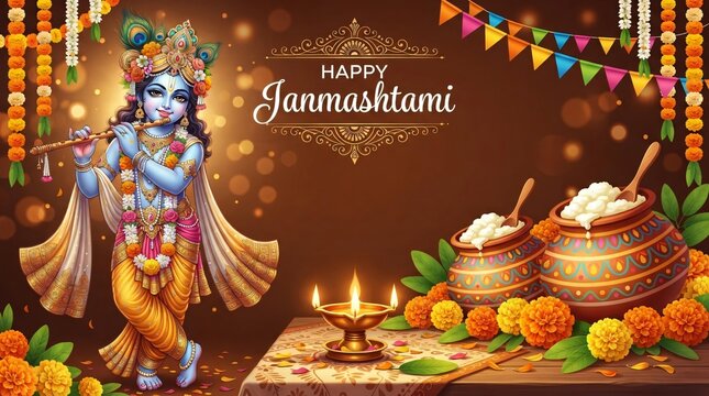 A creative marketing visual featuring Lord Krishna&rsquo;s image surrounded by traditional Janmashtami symbols like the flute, dahi handi, and flowers, with promotional text included. See Less