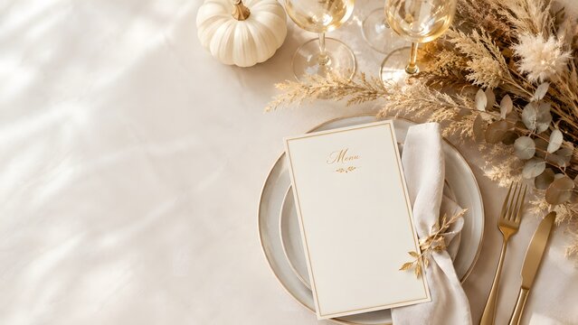 Elegant wedding menu mockup on dinner plate, boho chic table setting with pampas grass and white pumpkin, neutral cream aesthetic event decor