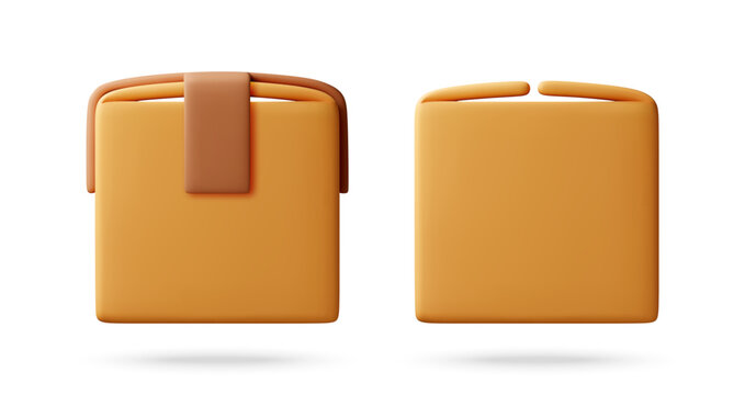 3d illustration of cardboard box and parcel. Delivery package icon with brown adhesive tape. Online shopping logistics and shipping supply. Minimalist cartoon object for trade commerce.