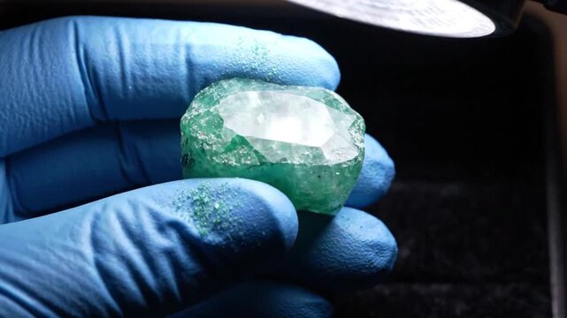 Gloved Hands Holding Large Raw Uncut Emerald Gemstone. 4K Video
