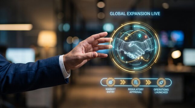 Businessman touching digital handshake hologram. Global business expansion and tech network.