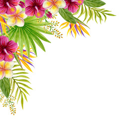 Tropical flowers corner frame. Floral tropics ornament. Watercolor painting with Hibiscus flowers and palm leaves. Tropic composition. © Marisha