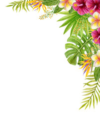 Tropical flowers corner frame. Floral tropics ornament. Watercolor painting with Hibiscus flowers and palm leaves. Tropic composition. © Marisha