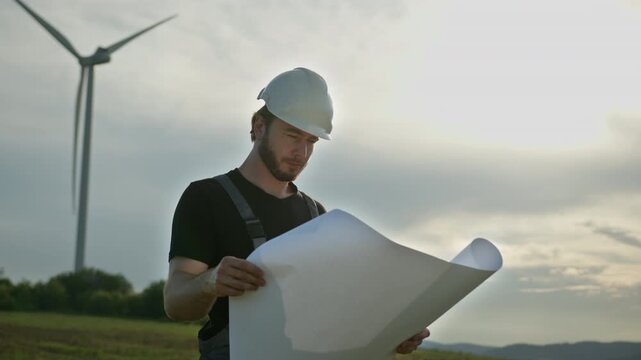Man in hard hat and overalls reviews blueprints near wind turbines on cloudy day. Renewable energy, clean electricity, wind power inspection, eco-friendly technology, sustainable industry, future