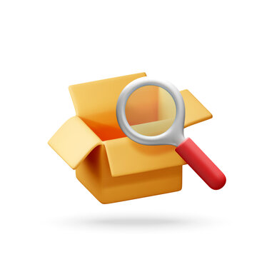 Open cardboard box with magnifying glass. 3d vector illustration of product search, delivery tracking and order investigation. E-commerce logistics concept for website retail.