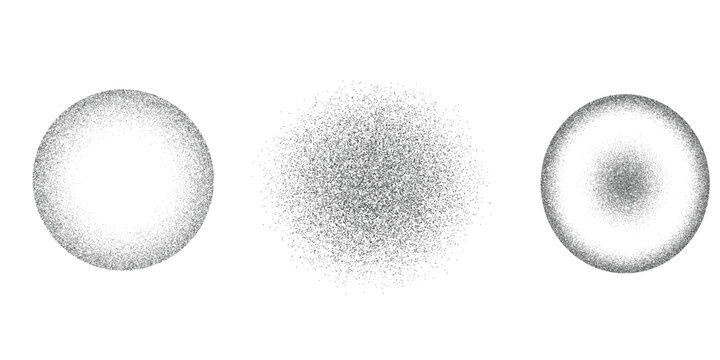 Dotwork 3D Spheres vector background. Sand grain effect. Black noise stipple dots. Abstract noise dotwork balls. Black dots grunge round elements. Stipple circles. Dotted vector spheres.