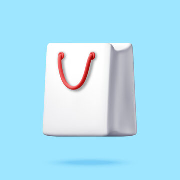 White paper shopping bag with red handles. 3d illustration of empty gift bag for retail purchase. Commercial marketing concept for ecommerce sales, market discount or holiday gift.