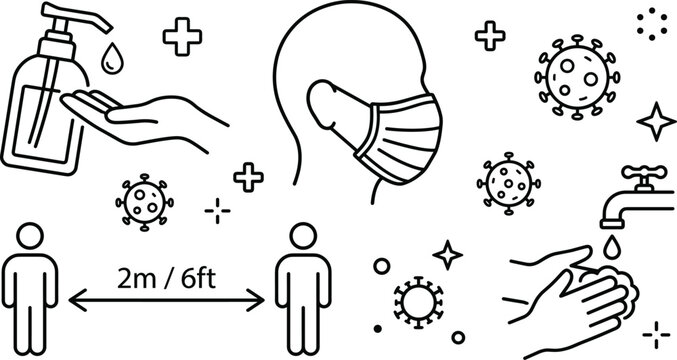 Covid pandemic prevention outline vector icon set featuring face mask hand sanitizer washing social distancing and virus safety