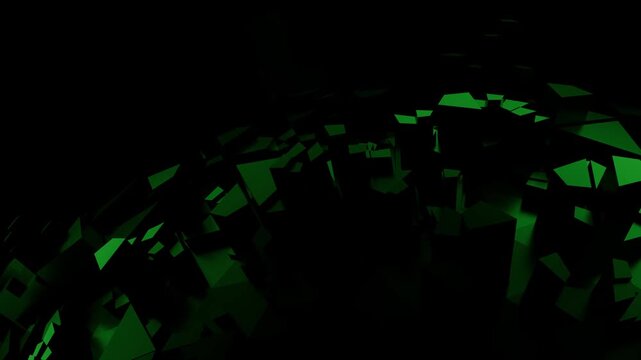 Abstract green low poly geometric landscape with faceted polygon shapes moving on a dark background. Sharp forms animation for technology, gaming, digital art design and presentations. Looped 4K 60fps