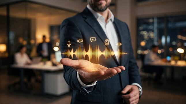 Businessman holding digital sound waveform. Audio technology concept with virtual interface.