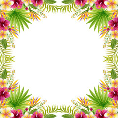 Tropical flowers frame. Floral tropics ornament. Watercolor painting with Hibiscus  flowers and palm leaves. Tropic summer composition. © Marisha