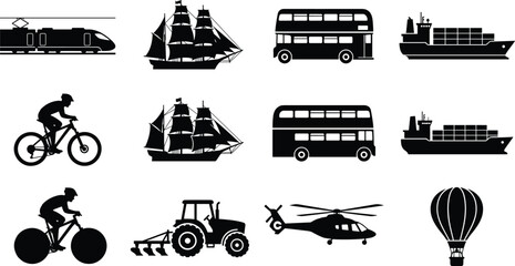Transportation Vehicles Vector Icon Set Featuring Train Ship Bus Bicycle Tractor and Helicopter © MStRehena