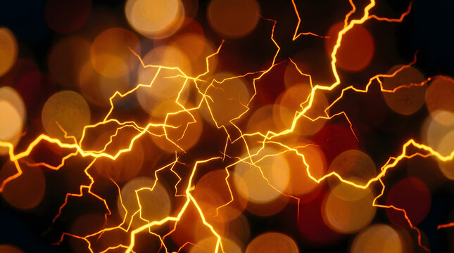 Electric Spark: Fiery orange lightning strikes illuminate the dark background, creating a dramatic and powerful display of natural energy. The bokeh effect adds a mesmerizing.