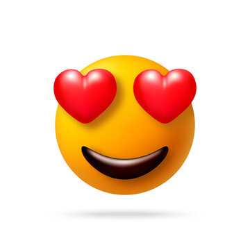 3D emoji with heart eyes expressing love and affection. Yellow smiling emoticon with red hearts for eyes. Digital chat icon for social media communication, messenger and Valentine day.