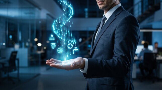Businessman holding digital hologram. Executive interacting with futuristic data interface.