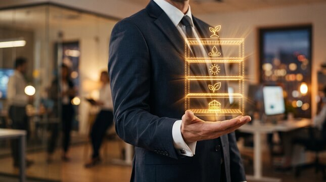 Businessman holding holographic data interface. Digital transformation and futuristic tech.