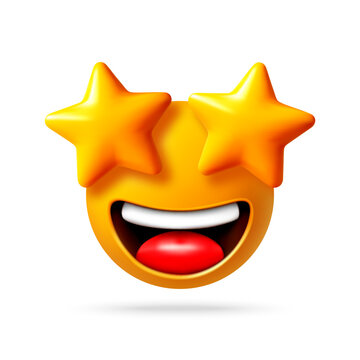 Yellow 3d emoji face with star eyes. Happy emoticon expressing excitement and amazing feeling. Digital character design for social media chat reaction, web communication and messaging.