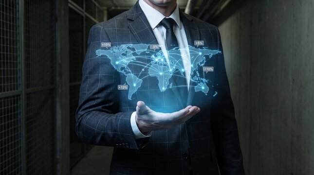 Businessman holding a digital world map hologram. Corporate leader analyzing global data.