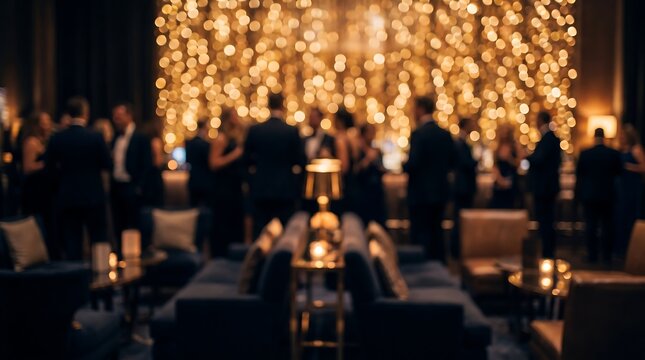 Elegant evening gala event with blurred silhouettes of guests in formal attire standing near illuminated bar area with glowing bokeh lights in background at luxury venue