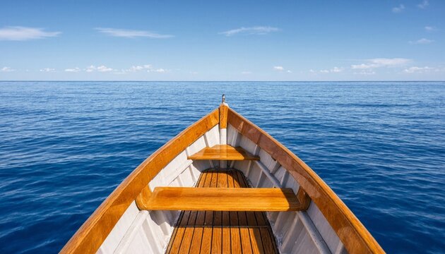 Pov view from the front of a small wooden boat sailing on the calm deep blue ocean surface under a clear sky
