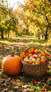Freshly picked apples and pumpkin in an autumn apple orchard
