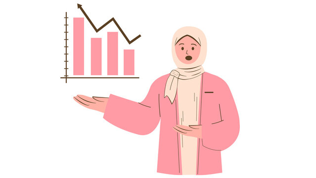 Muslim woman in hijab presenting a downward trending business chart