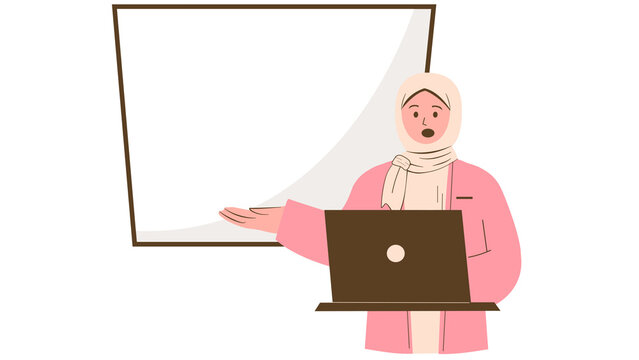 Muslim woman in hijab using a laptop while standing in front of a blank presentation board