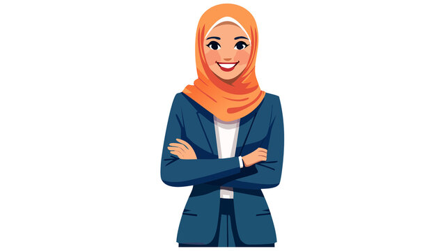 Smiling muslim businesswoman wearing an orange hijab and blue suit with crossed arms