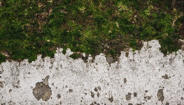 Old weathered concrete wall with green moss growing on surface