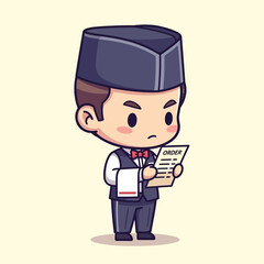 Cute Cartoon Waiter Holding Order Pad with Focused Expression.