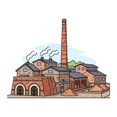 Obraz premium Industrial factory building with tall chimney and smoke stacks.