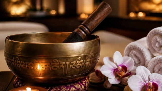 Metal singing bowl with wooden striker and white orchid for spa. Traditional meditation instrument used in wellness studio. Zen relaxation ritual accessory setup.