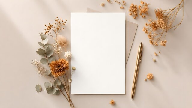 Minimalist stationery mockup with blank white card, elegant dried flowers and gold pen, aesthetic wedding invitation template on beige background